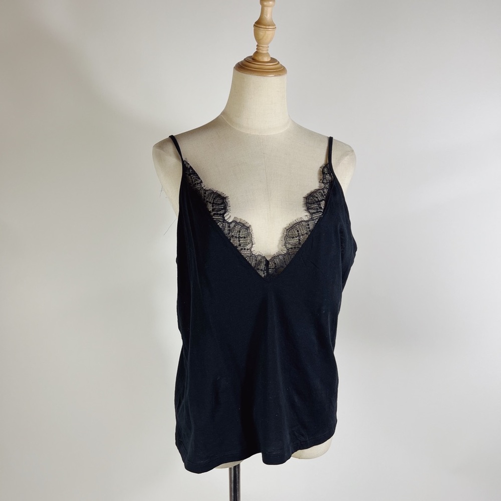 SKIN ORGANIC Lace Trim Pima Cotton Cami Black Medium